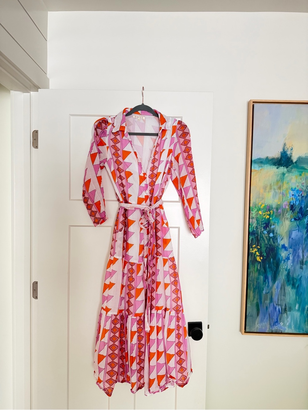 Wrap Maxi Dress in Pink & Orange Geometric Print